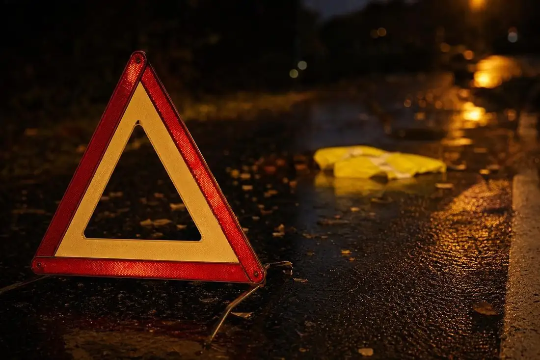 Triangle de présignalisation posé sur la chaussée mouillée, de nuit, gilet de sécurité au sol